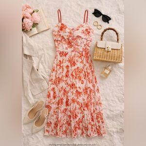 Red Toile Print Pleated Midi Dress Spaghetti Strap Garden Party Club Monaco 6